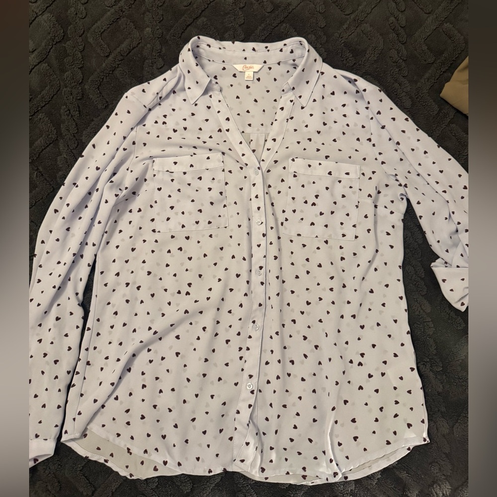 Candie’s Light Blue Button-Up Shirt with Brown Heart Pattern